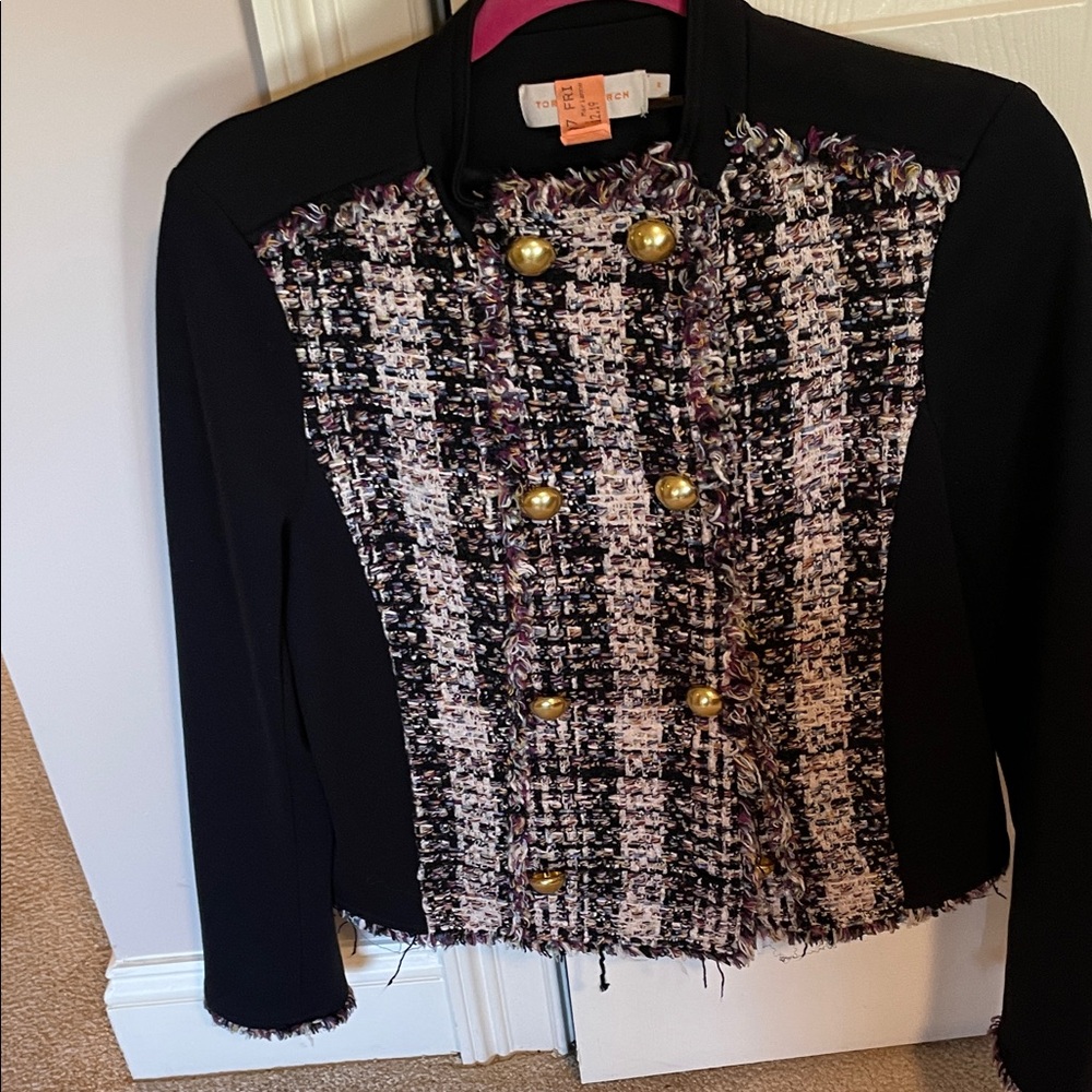 Tory Burch Black and White Tweed Blazer with Gold Buttons